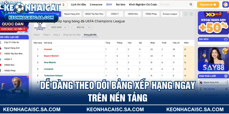 Dễ dàng theo dõi bảng xếp hạng ngay trên nền tảng